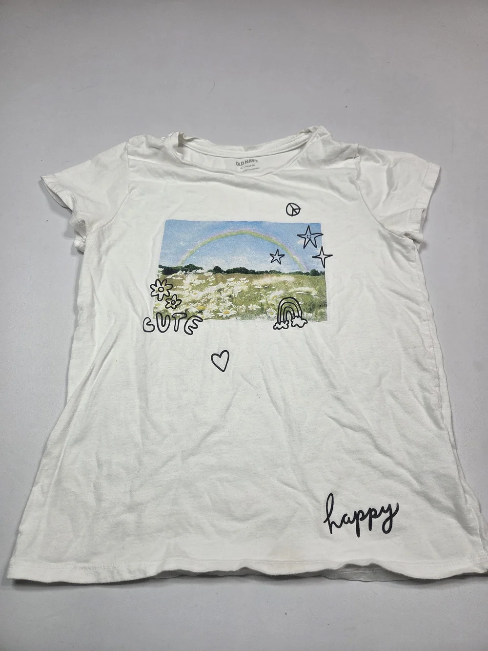 Old Navy White Girls' Graphic Tee with Rainbow Meadow Print